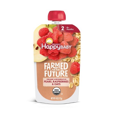 HappyBaby Organics Stage 2 Regenerative & Organic Pears Raspberries & Oats Baby Food Pouch - 4oz