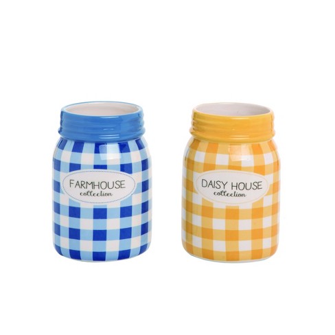 Transpac Blue Yellow Gingham Country Market Mason Container Set of 2 Home Decorations - image 1 of 1