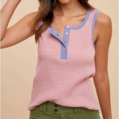Women's Contrast Striped Rib Henley Tank - AnnieWear