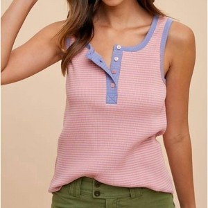 Women's Contrast Striped Rib Henley Tank - AnnieWear - 1 of 3