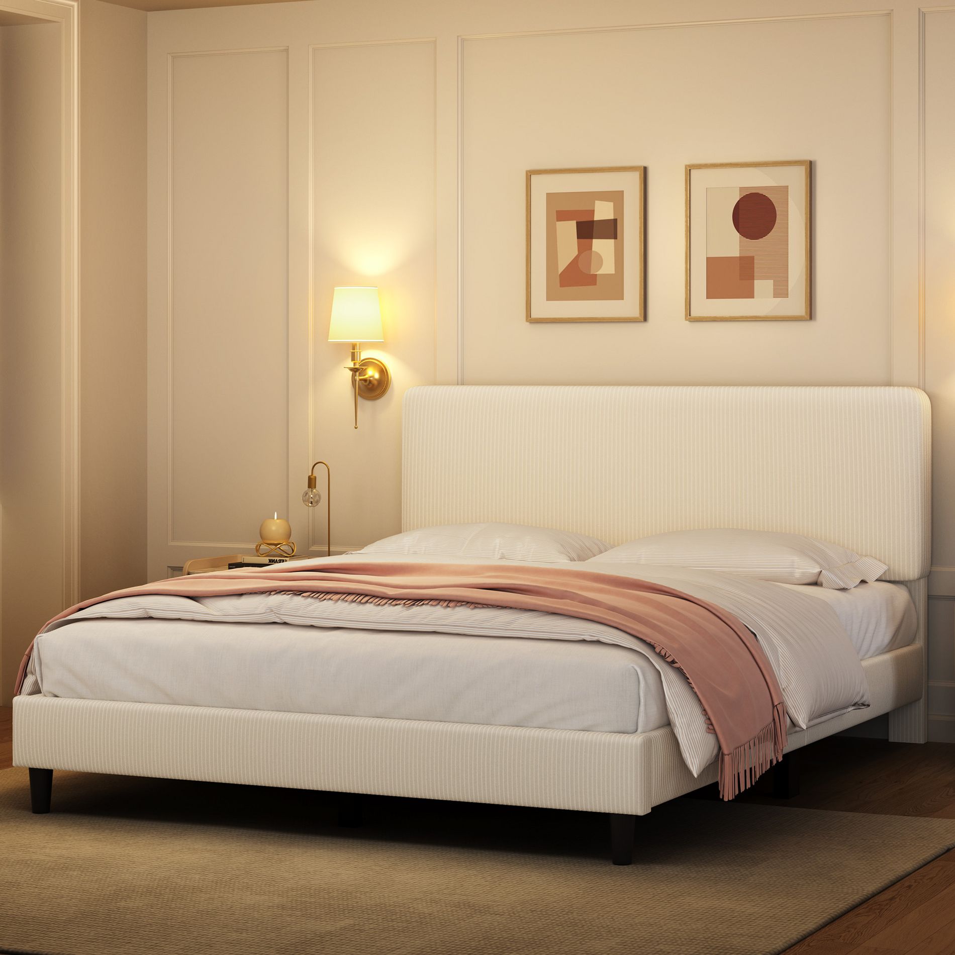 Yaheetech Upholstered Bed Frame, Adjustable Headboard Bed Base with Wooden Slat Support for Bedroom, Beige (Full)