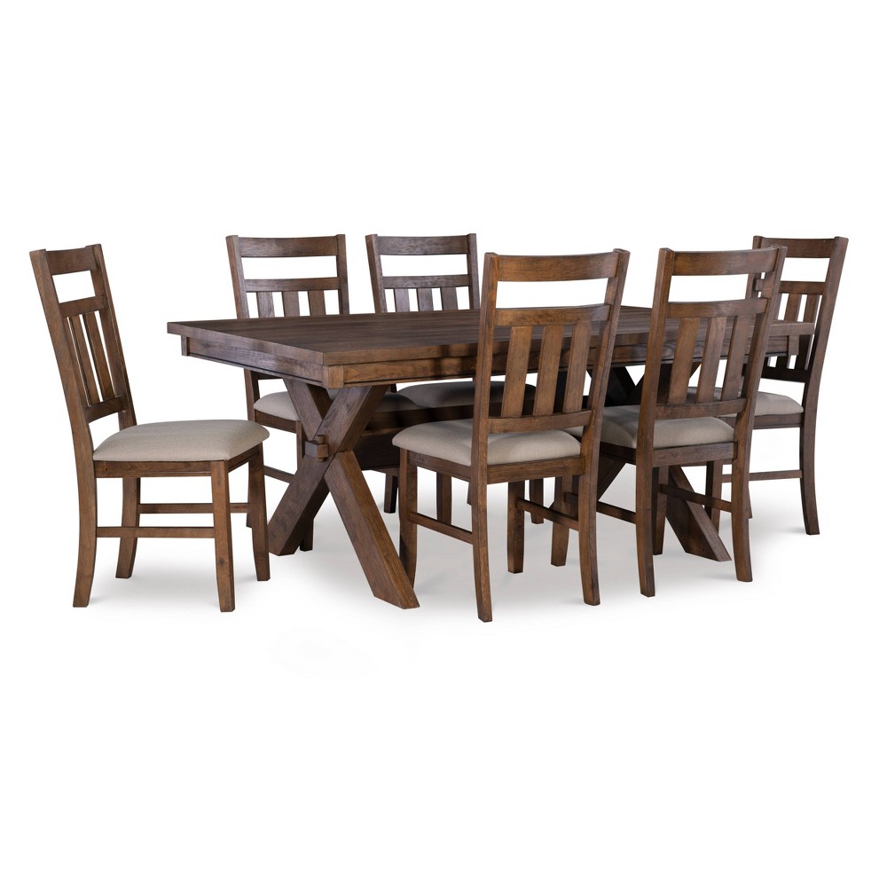 Photos - Dining Table 7pc Landon Slat Back Chairs and Large Table Dining Set Brown - Powell