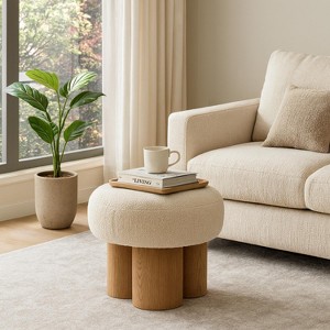 Homy Casa Round Upholstered Accent Stool with Wooden Legs for Living Room or Bedroom, Beige - 1 of 4