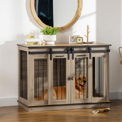 Large Oak Brown Dog Crate End Table with Sliding Doors