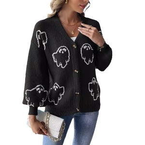Women's Halloween Jacquard Knit Cardigan Lantern Sleeve Button Open Front Sweater - 1 of 4