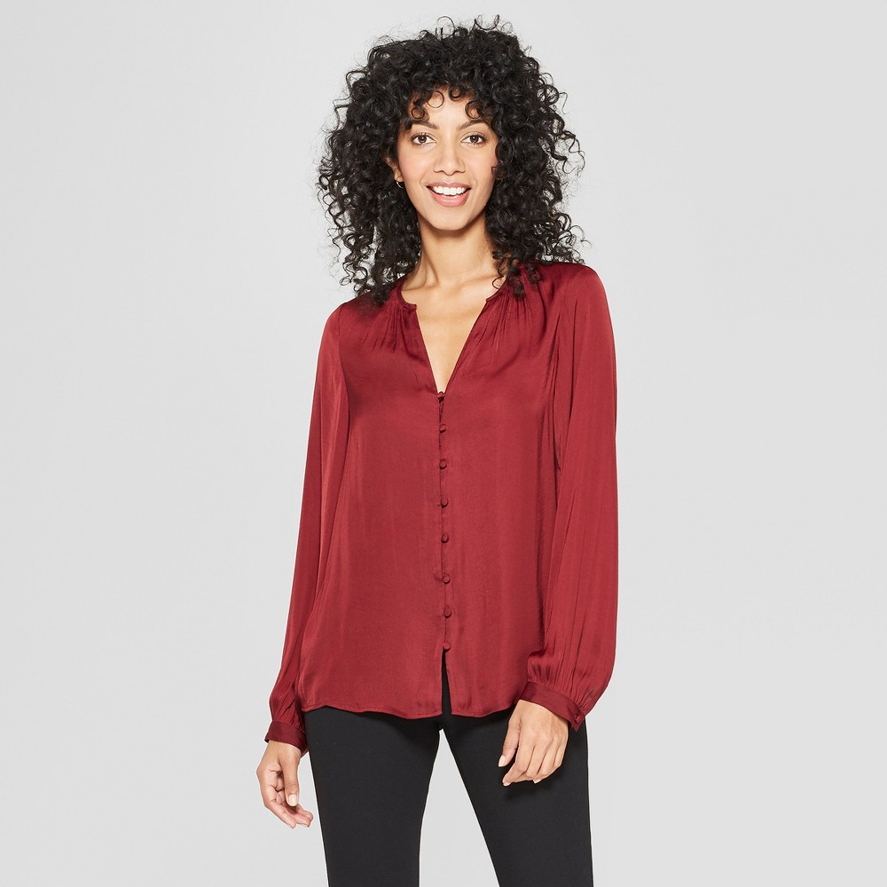 Women's Long Sleeve Satin Blouse - A New Day Burgundy (Red) L