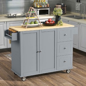MAYEERTY Grey Blue 52.7" Rolling Kitchen Island Solid Wood Top, Locking Wheels Drop Leaf Breakfast Bar Spice Rack Towel Rack - 1 of 4