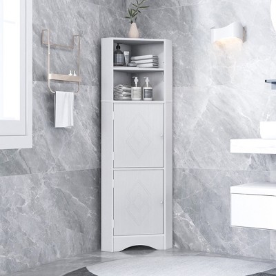 Bathroom Tall Corner Cabinet with Doors and Adjustable Shelves,Grey - Wood Finish