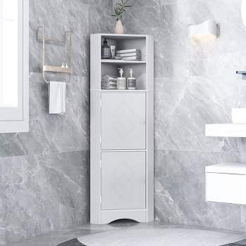 Modern Bathroom Storage Cabinet & Floor Standing cabinet with Glass Door  with Double Adjustable Shelves and One Drawer, Extra Storage Space on Top,  White (19.75x13.75x46) 
