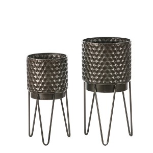 LuxenHome Set of 2 Brown Honeycomb Metal Cachepot Planters with Brown Metal Stands - 1 of 4
