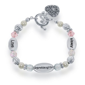 Bella Silver Silvertone 'Love, Granddaughter, Always' Heart Toggle with Pink and Blue Beads Stretch Bracelet - Pink - 6.5 Inch - 1 of 4