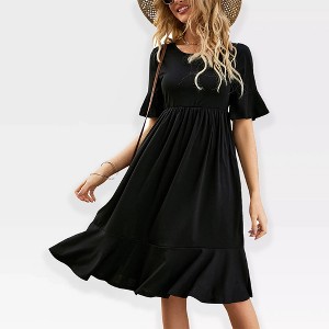 Womens Dress Ruffled Sleeve High Waist A Line Dress Round Neck Fit and Flare Dress Flowy Dress with Flounce Hem,Black - M - 1 of 4