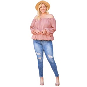 Slickblue Plus Size Off-Shoulder Plaid Top, Brick Color, Long Bubble Sleeves, Relaxed Fit, 1XL, Women’s Blouse - 1 of 4