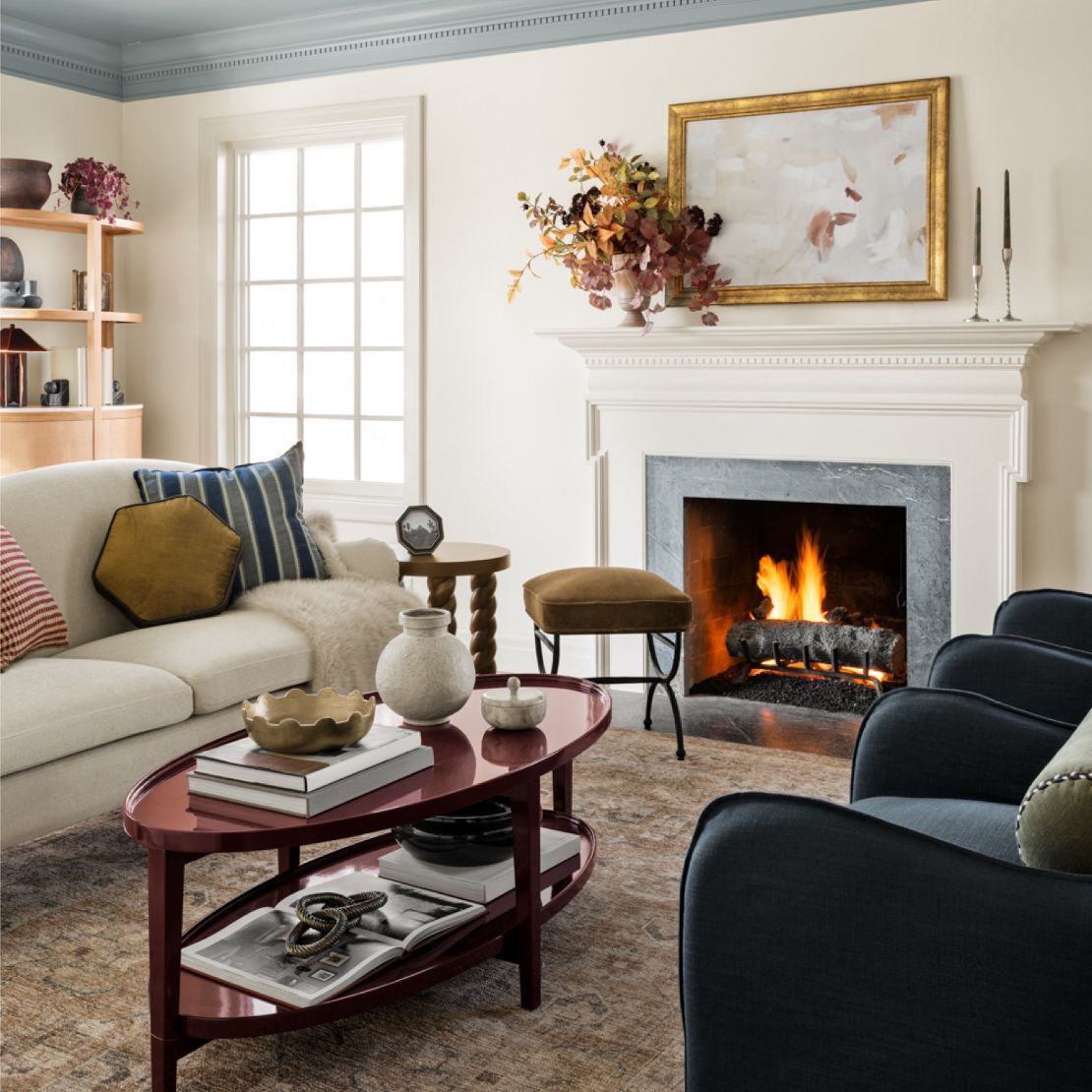 Cozy living room soft textures and pops of color