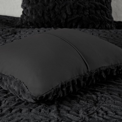 King Black Ruched Faux Fur Comforter Set