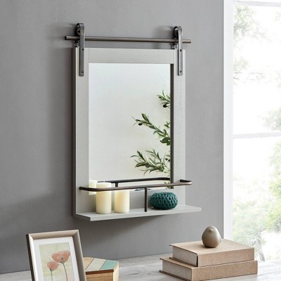 Ingram Farmhouse Barn Door Mirror with Shelf Decorative Wall Mirror Gray - FirsTime