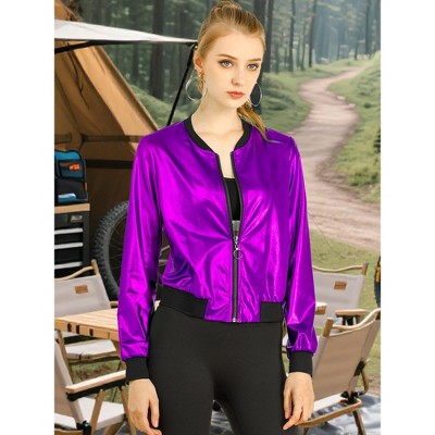 INSPIRE CHIC Women's Holographic Fashion Stand Collar Metallic Lightweight Zip Bomber Jacket Large Dark Purple — фото 2