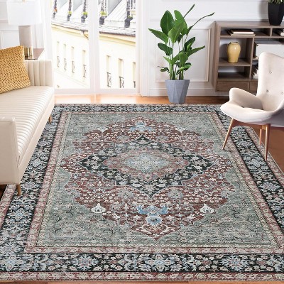Vintage Area Rugs Washable Living Room Rug Oriental Medallion Floor Cover Non-Slip Low Pile Distressed Carpet Ultra-Thin Throw Rugs