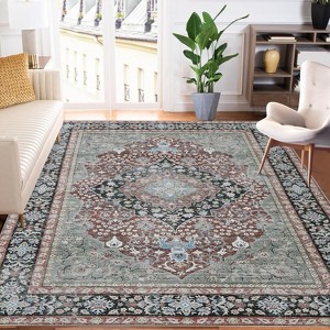 Vintage Area Rugs Washable Living Room Rug Oriental Medallion Floor Cover Non-Slip Low Pile Distressed Carpet Ultra-Thin Throw Rugs - 1 of 4