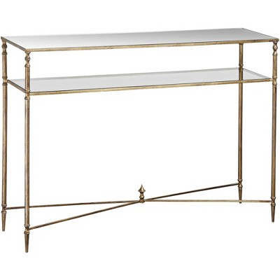 Elegant Gold Leaf Mirrored Console Table with Glass Shelf