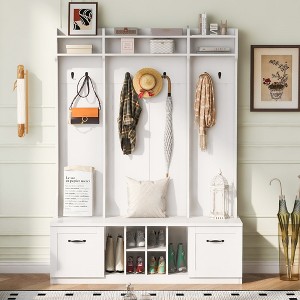 HDZNVF 5-in-1 Entryway Bench with Coat Rack, 7 Sturdy Hooks, 2 Spacious Drawers and Adjustable Shelves, White - 1 of 4