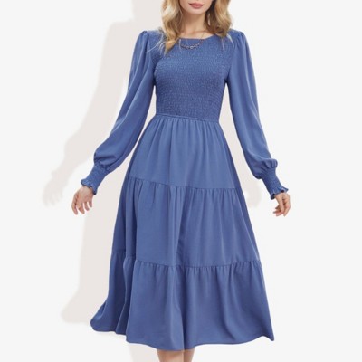 Anna-Kaci Women's Long Sleeve Smocked Maxi Dress with Tiered Skirt and Elegant Crew Neck Design for Stylish Casual Wear
