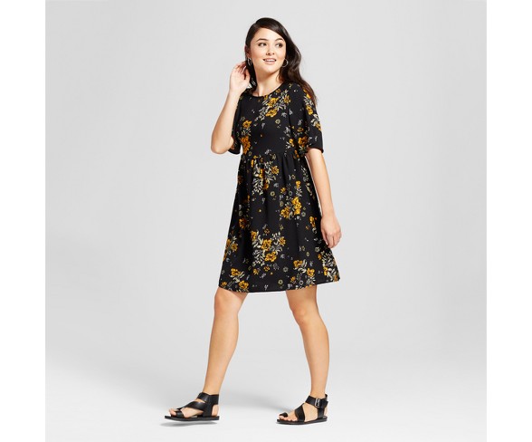 Women's Floral Print Short Sleeve Lace-Up Back Babydoll Dress - Alison Andrews Black S