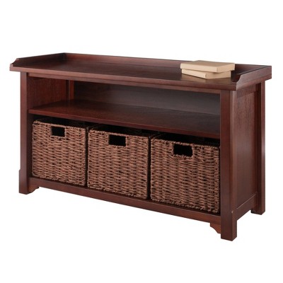 Walnut Wood Storage Bench with Woven Baskets