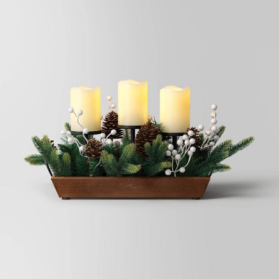 10.75"x16" 3pc Christmas Flameless Pillar Candle and Black Holder in Wood Tray with Faux Greenery - Wondershop™