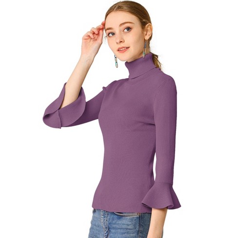 Allegra K Women's Ruffle Sleeves Pullover Turtleneck Slim Fit Stretchy Knit  Sweater Dark Purple Medium