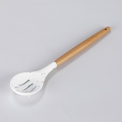 Lakeside Silicone Slotted Spoon with Wooden Handle, Speckled Pattern