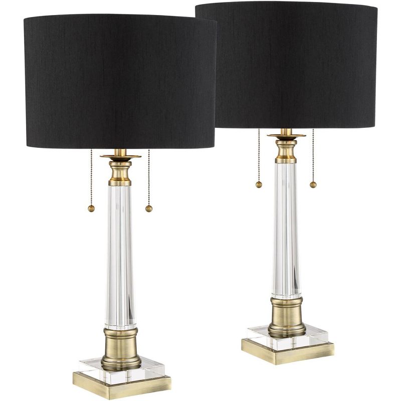 Vienna Full Spectrum Stephan 30" Tall Column Large Traditional End Table Lamps Set of 2 Pull Chain Clear Crystal Black Shade Living Room Bedroom, 1 of 8