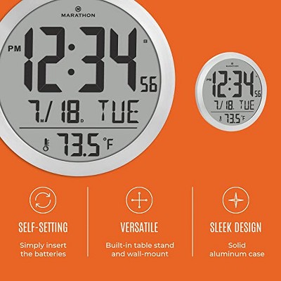 Marathon 15 Inch Round Digital Wall Clock with Calendar and Temperature Display