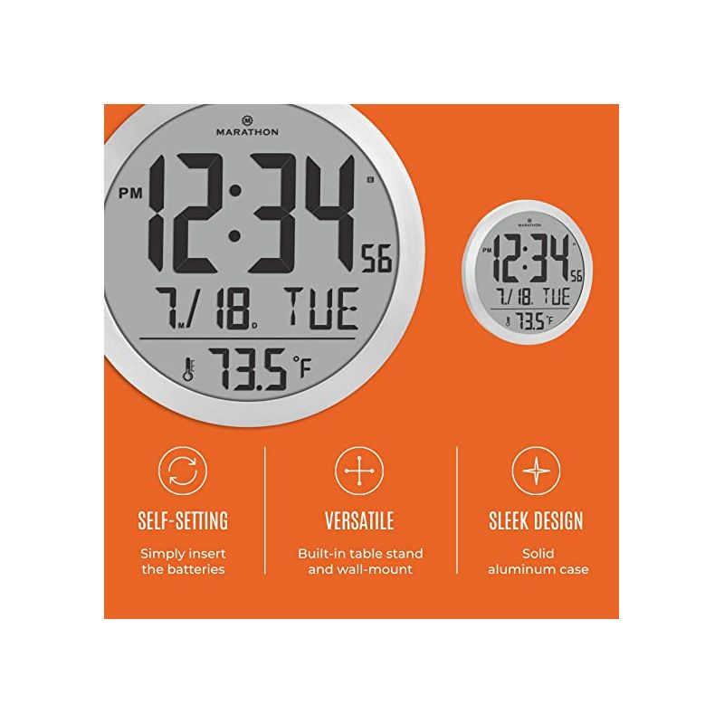 Marathon 15 Inch Round Sleek & Stylish Digital Wall Clock Full Calendar Display & Indoor Temperature, 3 of 7