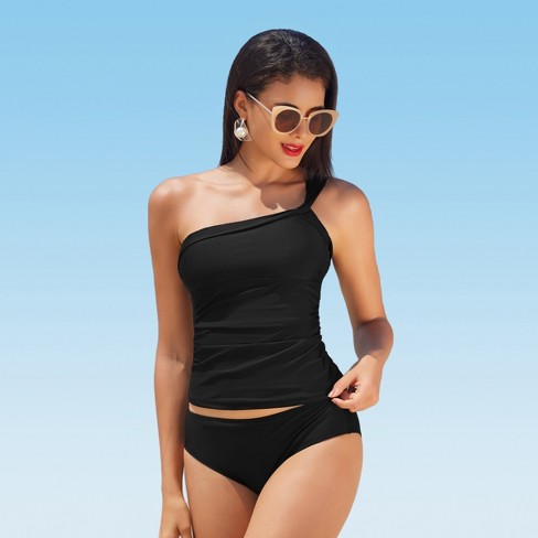 Women's One Shoulder Low Back Tankini Set - Cupshe-l-black : Target