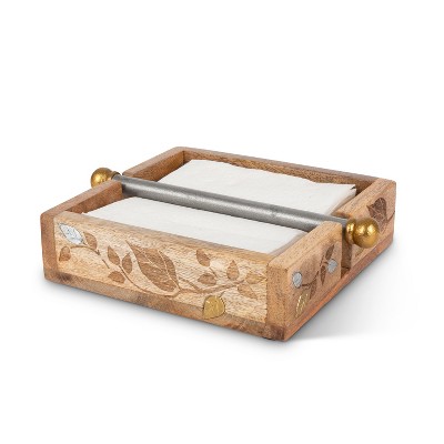 GG Collection Mango Wood with Laser and Metal Inlay Leaf Design Napkin Holder.