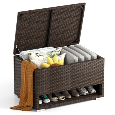 Tangkula 48 Gallon PE Wicker Rattan Deck Box w/ Shoe Rack Outdoor Storage Bin w/ Protective Liner