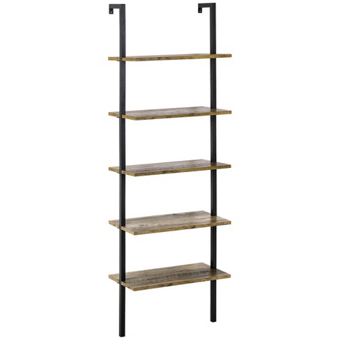 HOMCOM Industrial 5 Tier Ladder Shelf, Wall Mount Storage Shelves Bookcase  with Metal Frame, Corner Unit, Plant Flower Rack for Living Room, Balcony