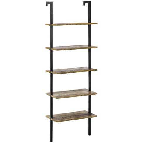 HOMCOM Industrial 5 Tier Ladder Shelf, Wall Mount Storage Shelves Bookcase  with Metal Frame, Corner Unit, Plant Flower Rack for Living Room, Balcony, 