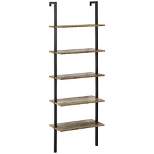 HOMCOM Industrial 5 Tier Ladder Shelf, Wall Mount Storage Shelves Bookcase with Metal Frame, Corner Unit, Plant Flower Rack for Living Room, Balcony, Brown