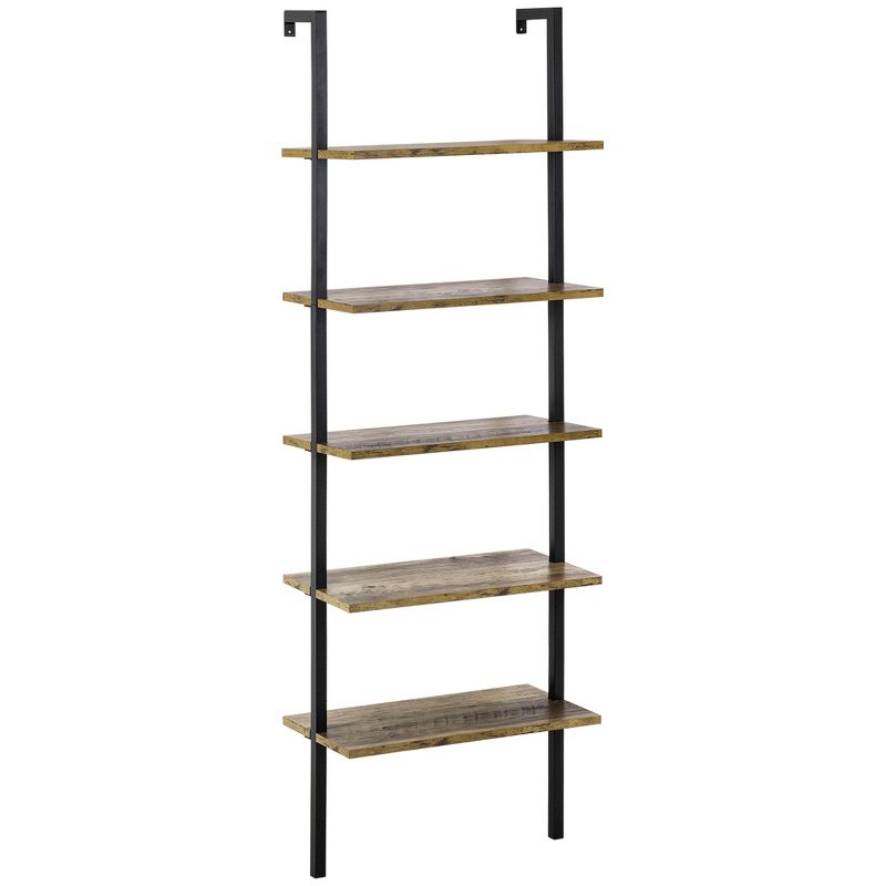 HOMCOM Industrial 5 Tier Ladder Shelf, Wall Mount Storage Shelves Bookcase with Metal Frame, Corner Unit, Plant Flower Rack for Living Room, Brown, 1 of 7