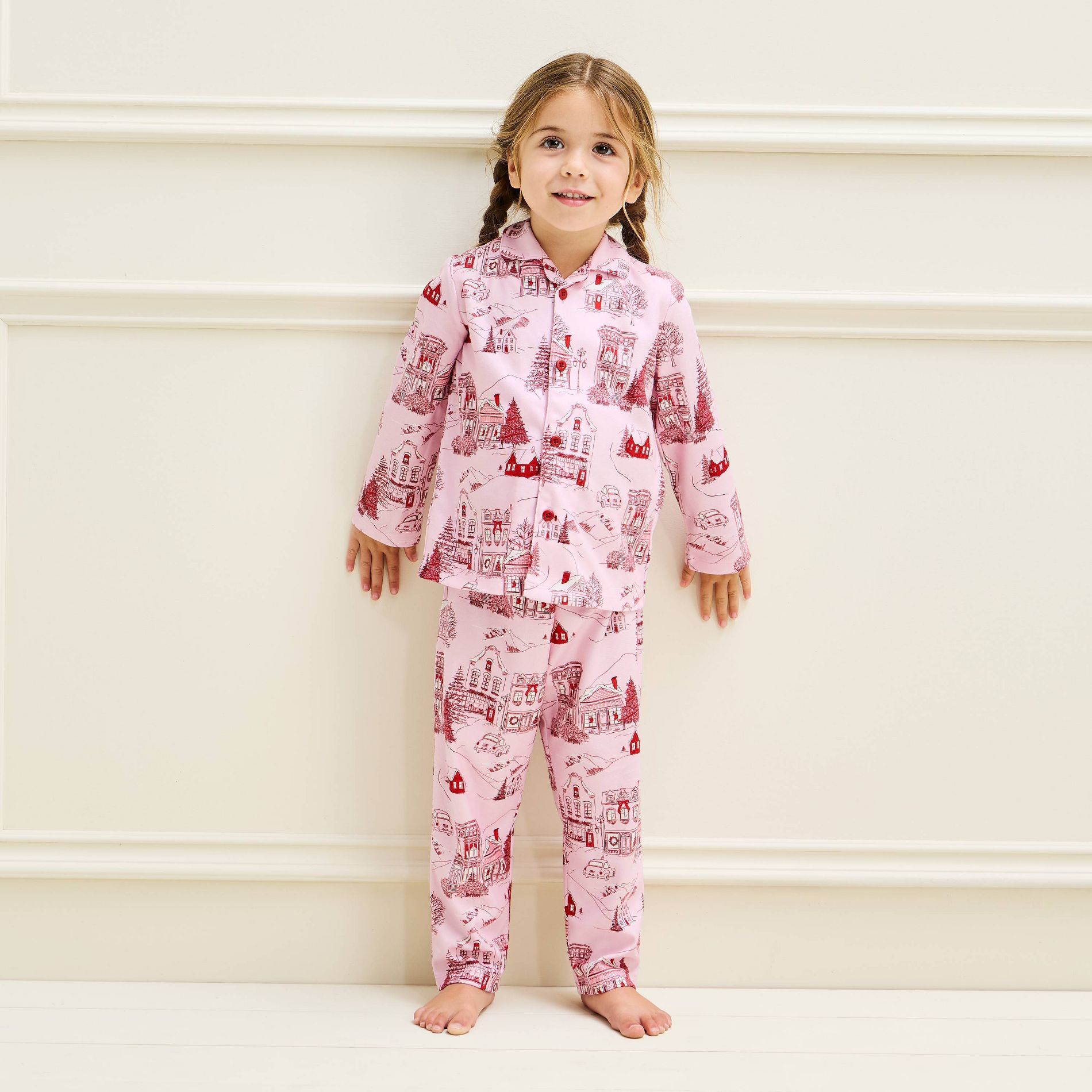 Baby & Toddler Girls' Holiday Village Long Sleeve Button-Down Pajama Set 2pc - Cat & Jack™ Pink