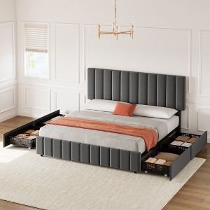 Bed Frame with Drawers, PU Leather Linen Upholstered Platform Bed Frame, Adjustable Height Headboard - 1 of 4