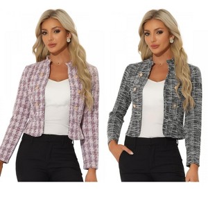 INSPIRE CHIC Women's Tweed Stand Collar Business Open Front Cropped Jacket 2 Packs - 1 of 4