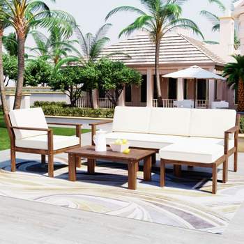 3-piece U-Style Acacia Wood Patio Conversation Set, Outdoor Sofa Set with Wood Tabletop, A Multi-person Sofa Set with A Small Table - Maison Boucle