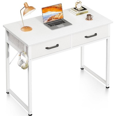 ODK Small Desk with Fabric Drawers- for Bedroom, White Vanity Desk with Storage