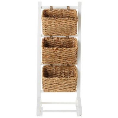 White and Natural Acacia Wood 3-Tier Basket Stand