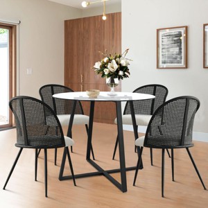 5-piece Dining Set for 4, Round Glass Dining Table Set with 4 Black Mesh Rattan Chair for School Apartment, Dining Room Furniture - The Pop Home - 1 of 4