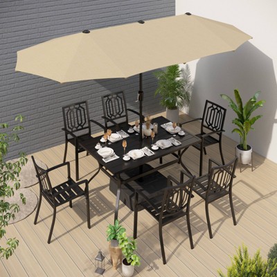 8pc Outdoor Dining Set With Metal Slat Top Table & Wrought Iron Chairs ...