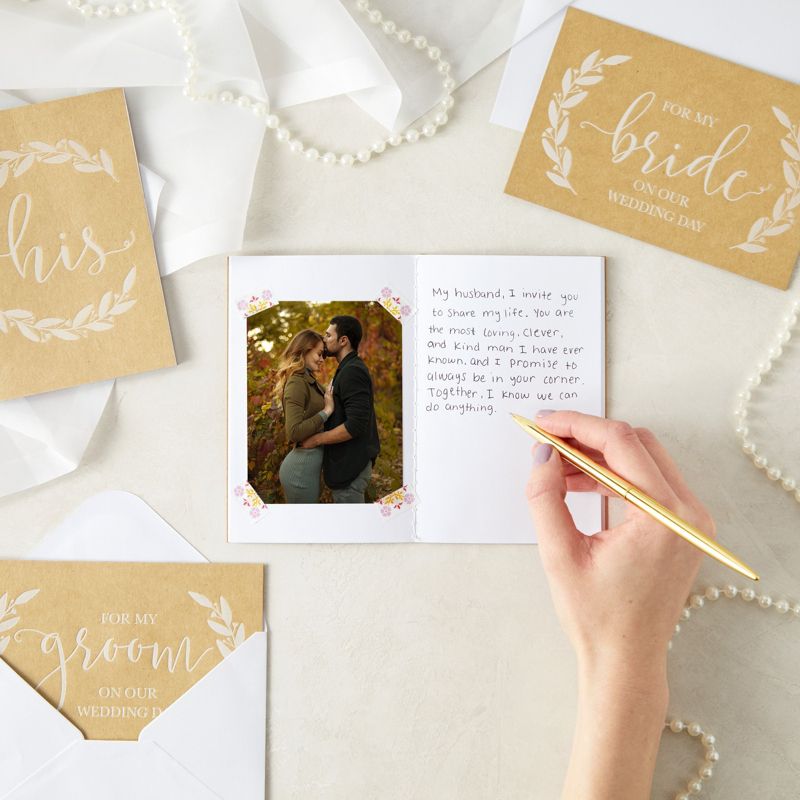 Pipilo Press 2 Pack Brown Kraft Wedding Vow Books for Him and Her with 2 Cards and Envelopes for Bride & Groom, 30 Pages, 2 of 9
